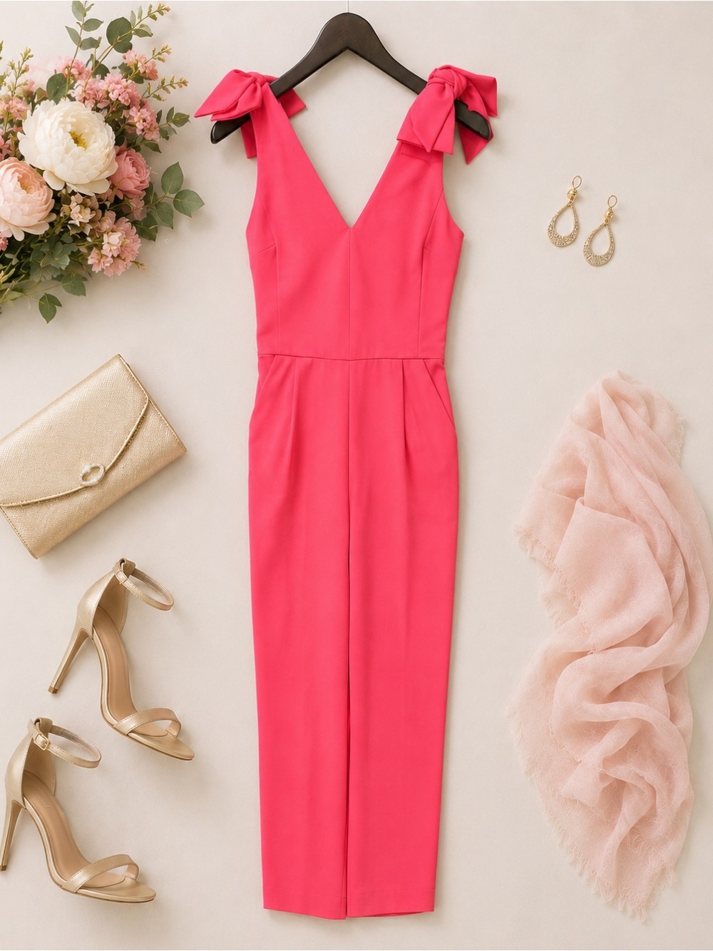 EUC Aqua Pink Sleeveless Wide Leg Cropped Jumpsuit with Bow Straps Size Small